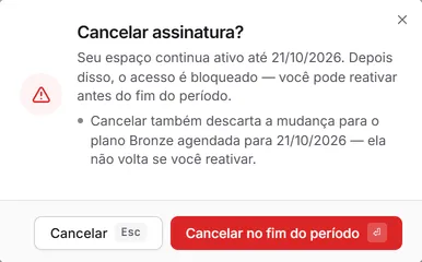 A confirmação "Cancelar assinatura?": até quando o espaço continua ativo e que a mudança agendada para um plano menor é descartada.