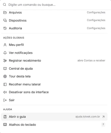 A paleta de comandos aberta com Ctrl+K: as ações globais e o grupo "Ajuda", com "Abrir o guia".