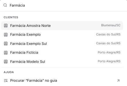 A paleta com uma busca por parte de um nome: os clientes encontrados e a linha "Procurar no guia".