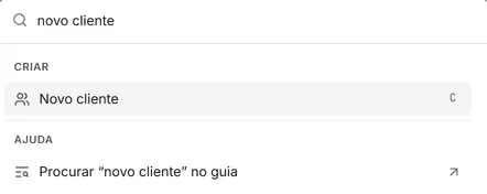 A paleta com "novo cliente" digitado: o comando "Novo cliente" e a linha "Procurar no guia".