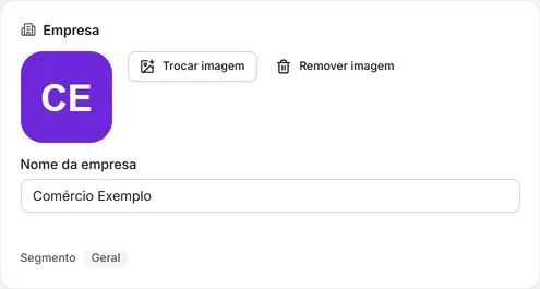 O cartão "Empresa" das configurações: logo, nome da empresa e segmento.