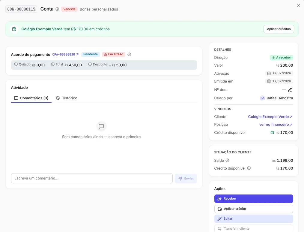 Uma conta a receber aberta: o aviso de crédito do cliente, o acordo de pagamento, os detalhes e as ações.