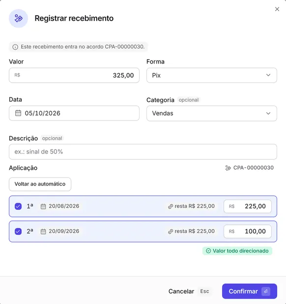 As parcelas abertas em "Escolher parcelas", já marcadas como no automático, e o botão "Voltar ao automático".