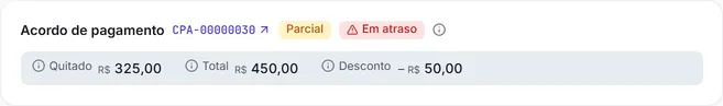 O acordo de pagamento da conta depois do recebimento: status Parcial e o valor quitado.