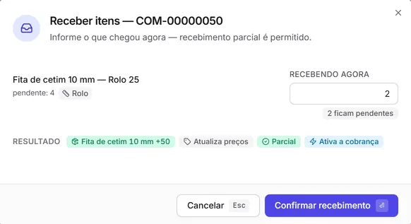 A janela "Receber itens" com parte da quantidade recebendo agora e o resultado do recebimento.
