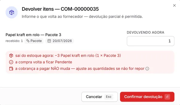 A janela "Devolver itens" com a quantidade devolvendo agora e o que acontece com o estoque e a conta.