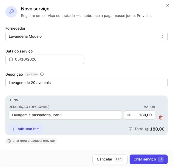 A janela "Novo serviço" com o fornecedor, a descrição e um item com valor.