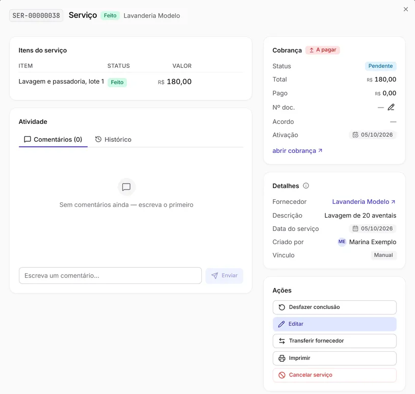 O serviço concluído: o item Feito e a conta a pagar Pendente, com o botão "Desfazer conclusão".