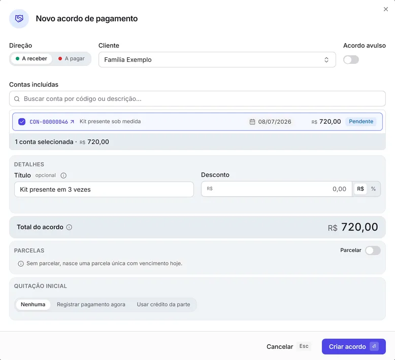 A janela "Novo acordo de pagamento" com o cliente, a conta incluída e o título.