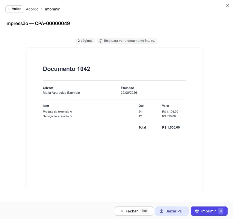 A janela de impressão do acordo de pagamento.