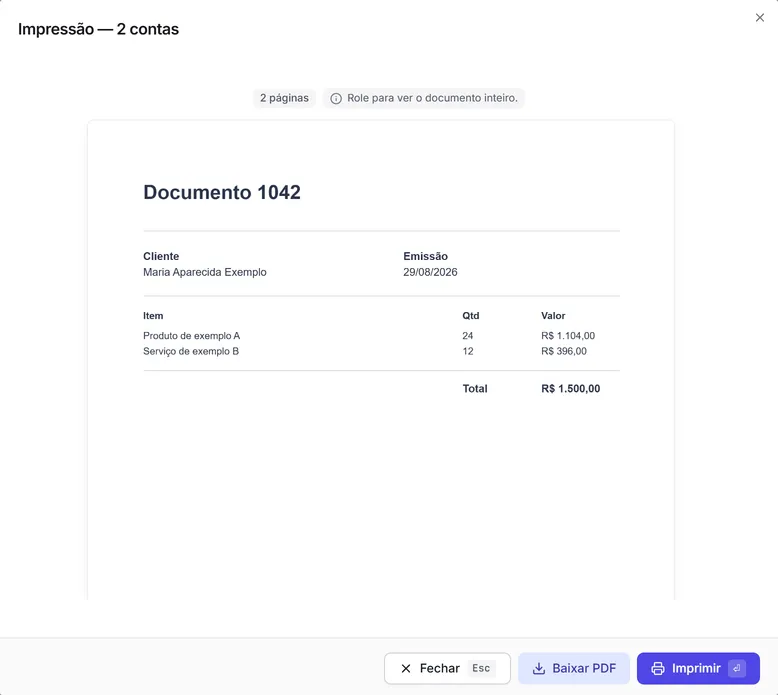 A janela "Impressão — 2 contas": um arquivo só com os documentos das contas marcadas, e os botões "Baixar PDF" e "Imprimir".